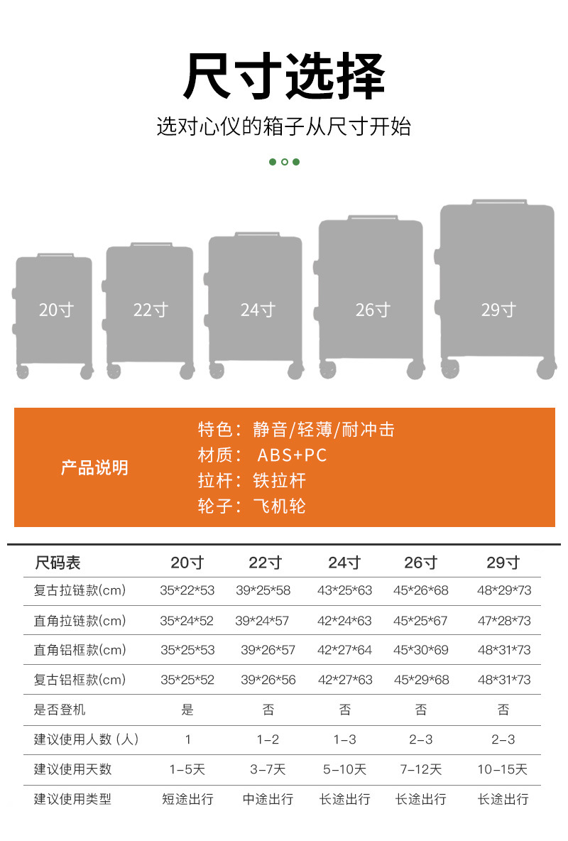 轻薄个性行李箱 大容量多尺寸飞机轮拉杆箱 拉链式纯色休闲旅行箱