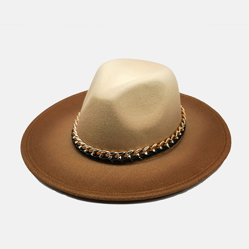 新款欧美扎染软毡帽男女链带羊毛呢礼帽变色秋冬大平檐保暖爵士帽