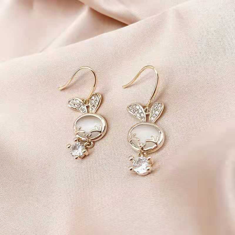 Sterling Silver Needle New Korean Cartoon Rabbit Opal Earrings Women