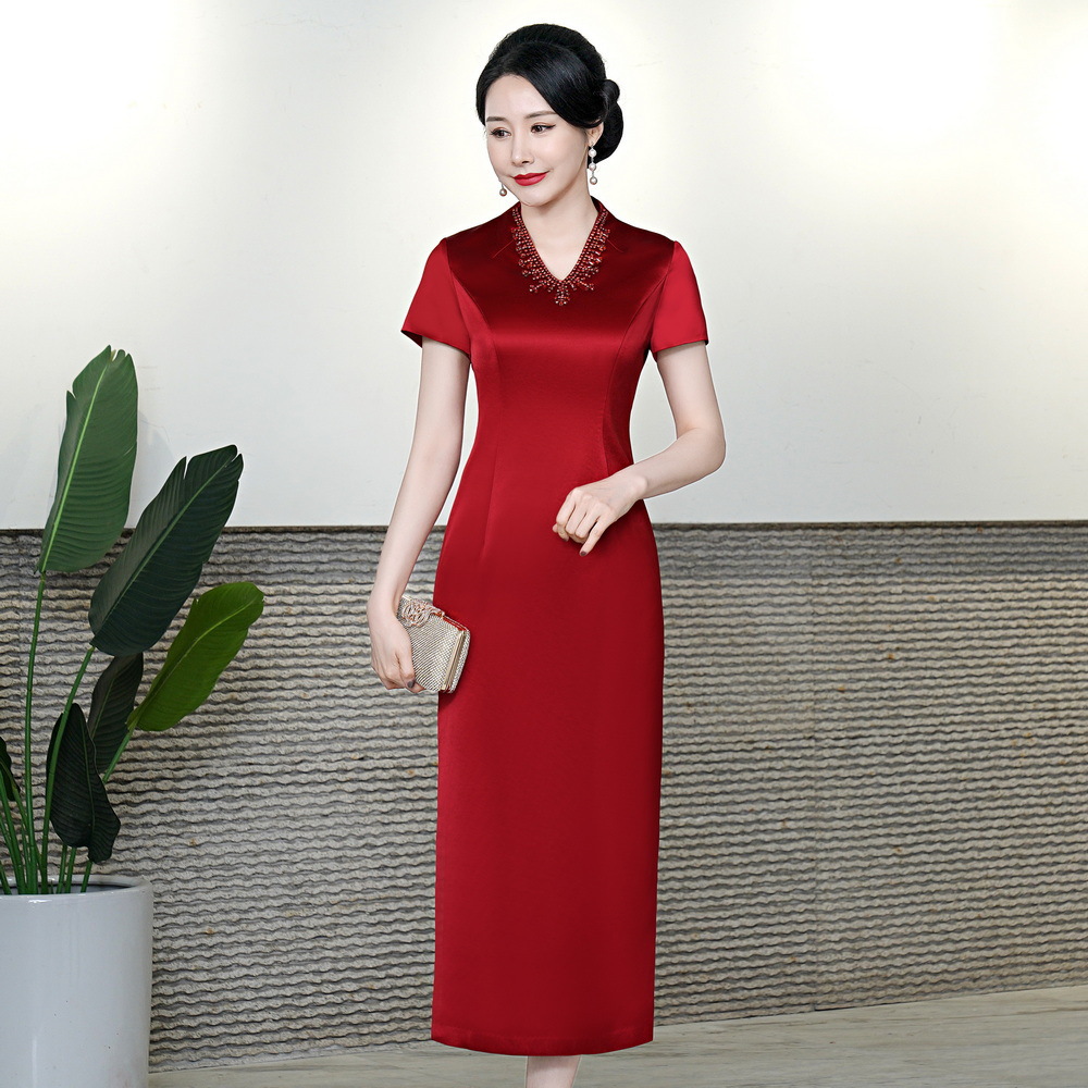 夏季新款旗袍长款醋酸改良版敬酒妈妈装喜婆婆礼服复古短袖红色女