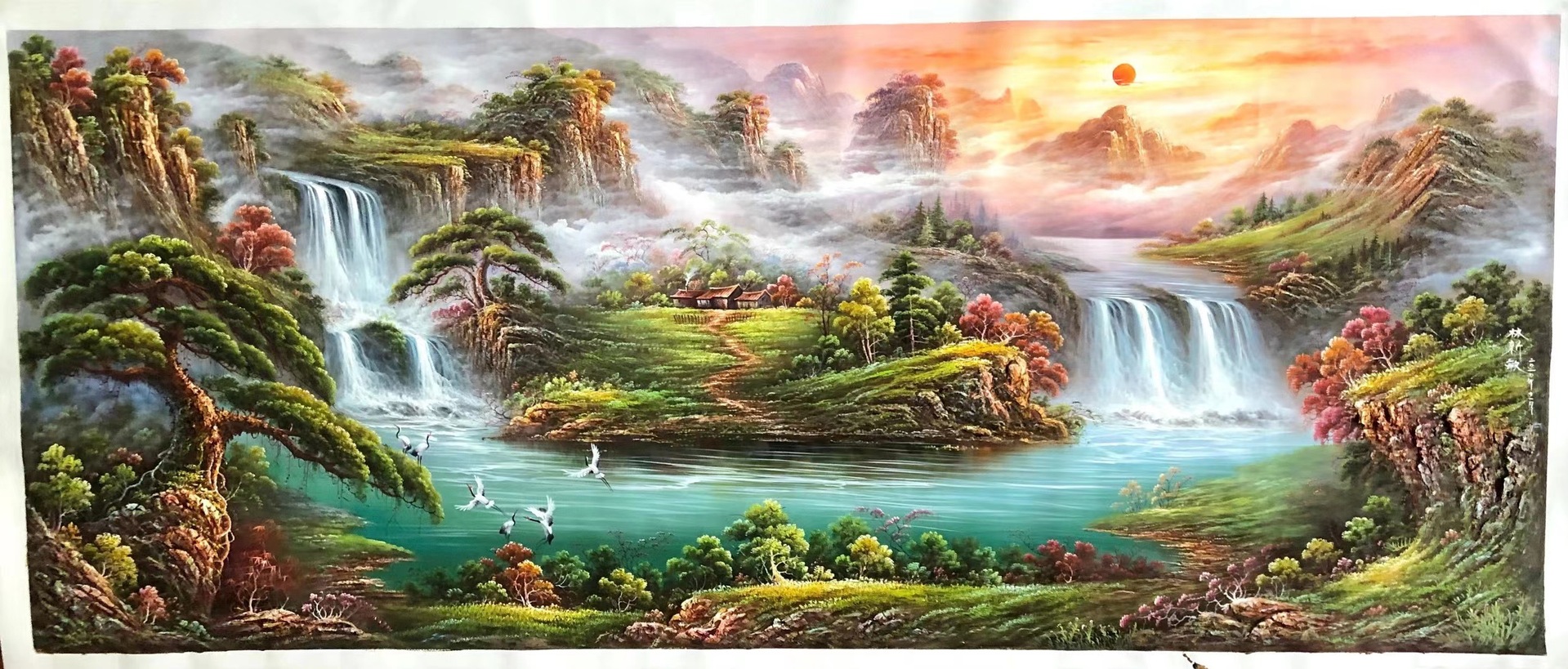 手绘油画 新中式鸿运当头 山水风景风水画 现代油画 厂家直销