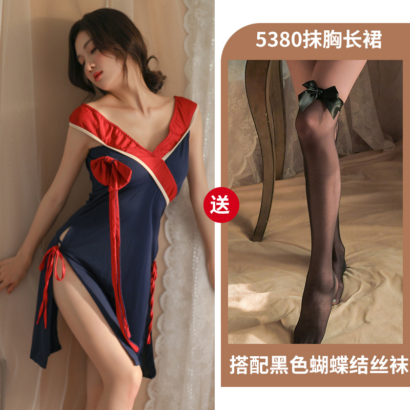 Adult Supplies New Sexy Lingerie Sexy Tube Top Cheongsam Long Dress Passion Lace-up Tassel Bow Pajamas