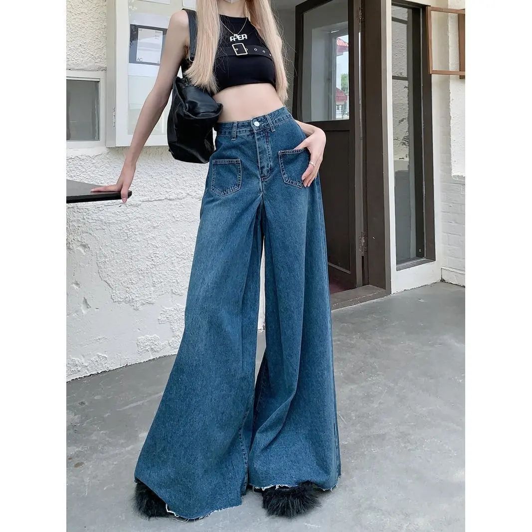 High Street Retro Loose Trousers Jeans for Women Spring and Autumn New Style Frayed Design Loose Wide-Leg Pants Ins Fashion