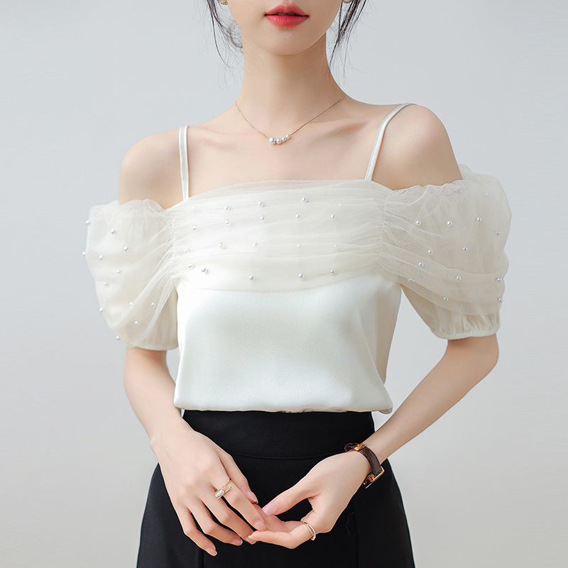 实拍现货2024夏季甜美吊带珍珠网纱露肩一字领套头泡泡袖上衣