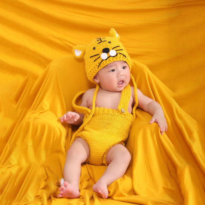 婴幼儿影楼拍照百天照姜黄色小老虎可爱宝宝主题写真百天摄影服装