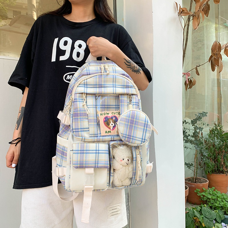 Japanese Fresh Sweet Backpack Korean Style Chic Elegant Student Schoolbag Vintage Style Plaid Preppy Style Canvas Bag