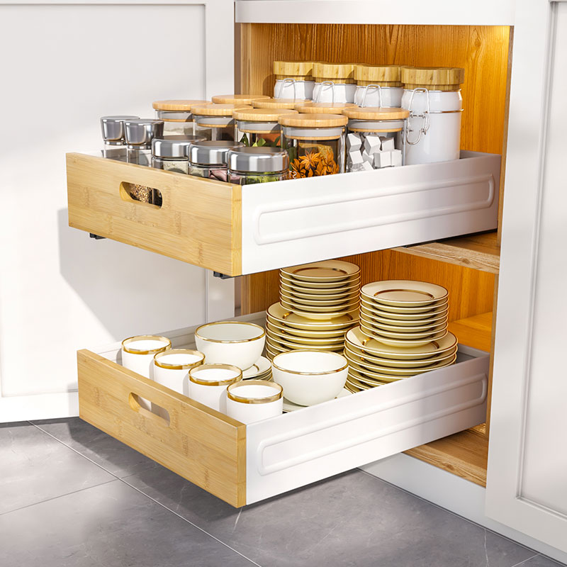 72n厨房橱柜内置物架抽拉式放碗碟调料收纳盒免打孔家用抽屉滑轨
