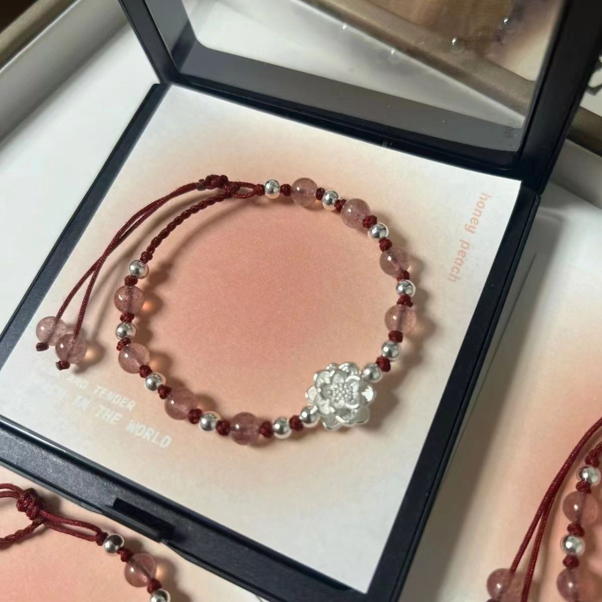 莲花天然草莓晶招财招桃花手链手工编织银转运珠闺蜜情侣手绳现货