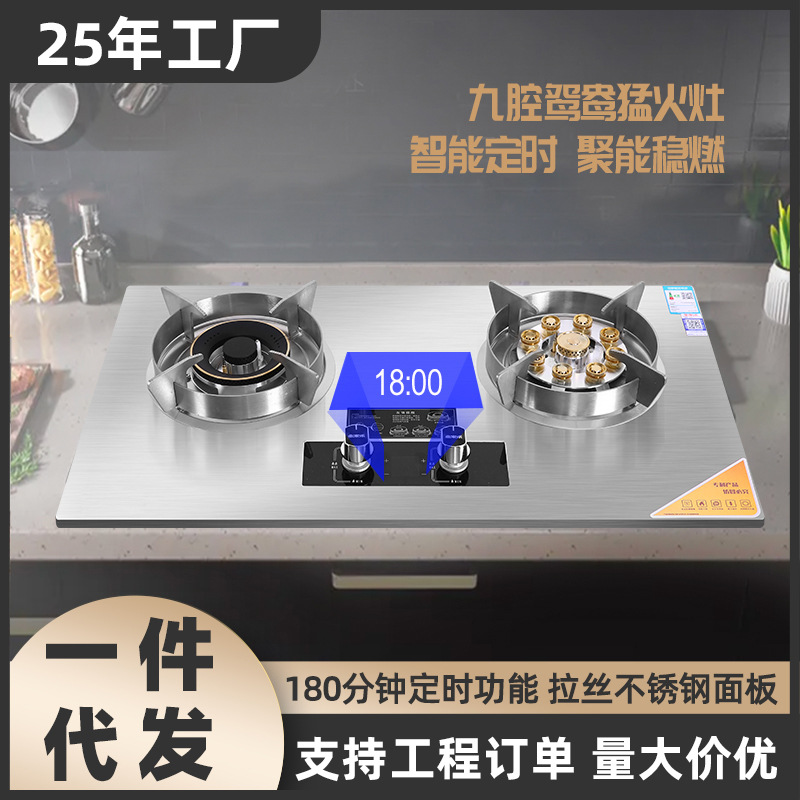 现货九腔鸳鸯猛火定时家用台嵌式煤气天然气液化气双不锈钢燃气炉