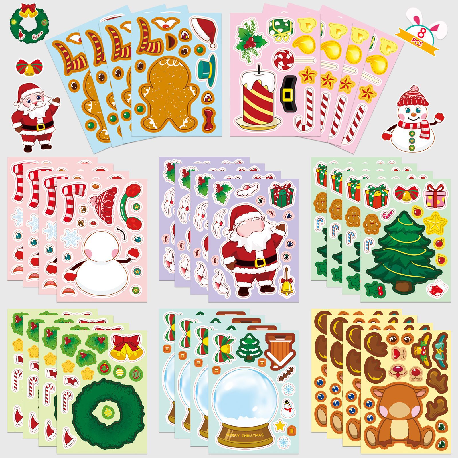 8张/包原创圣诞节换脸贴纸创意跨境卡通可爱雪人麋鹿diy拼图贴