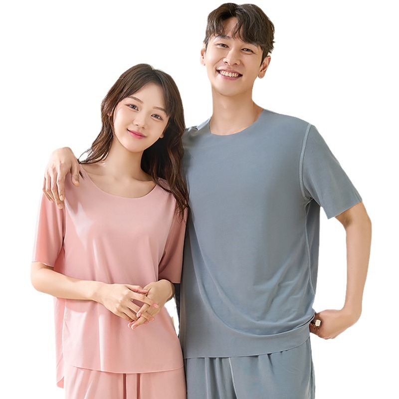 Ice Silk Couple Pajamas Women's Summer Thread Thin Short-Sleeved Trousers Can Be Worn outside Quick-Drying Men's Home Wear Suit