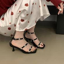 2024年夏季新款高跟细跟韩版外穿一字带仙女气质花朵露趾优雅凉鞋