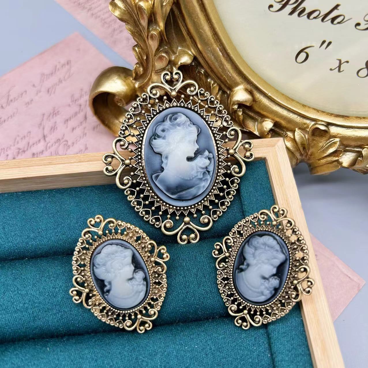 中古vintage 西洋复古古董首饰耳环 卡梅奥头像复古镂空青岛胸针