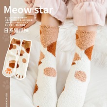 秋季新品珊瑚绒女半边绒加厚猫爪毛绒保暖居家睡眠袜地板袜月子袜