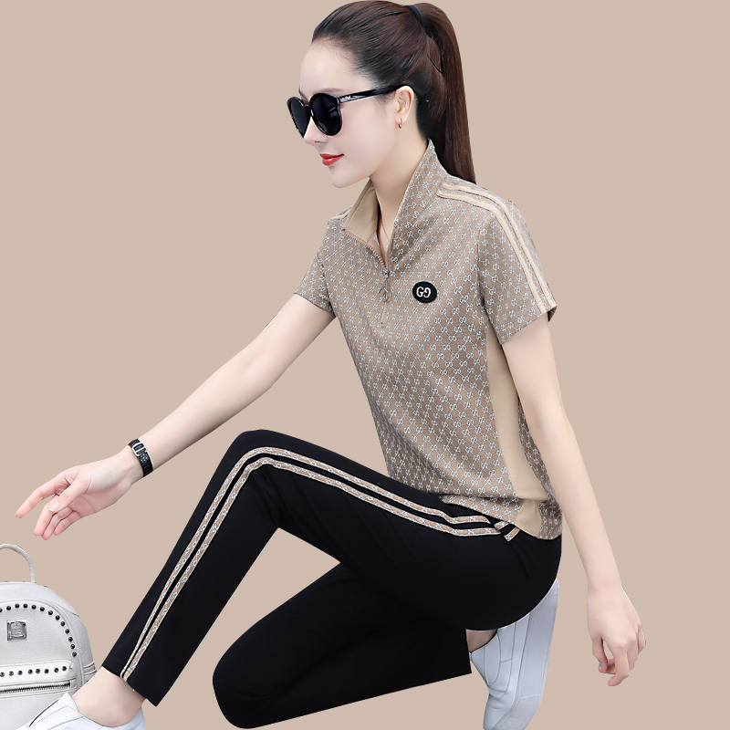 运动套装女夏装时尚洋气大码立领格子短袖休闲跑步两件套-阿里巴巴