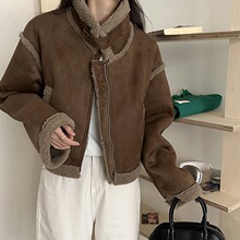 H2159 翻领毛毛上衣机车服夹克冬季加厚美拉德皮毛一体外套女短款