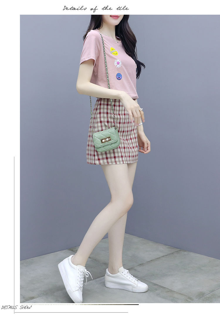 格子半身裙套装女2021夏季新款时尚修身显瘦淑女款连衣裙两件套潮