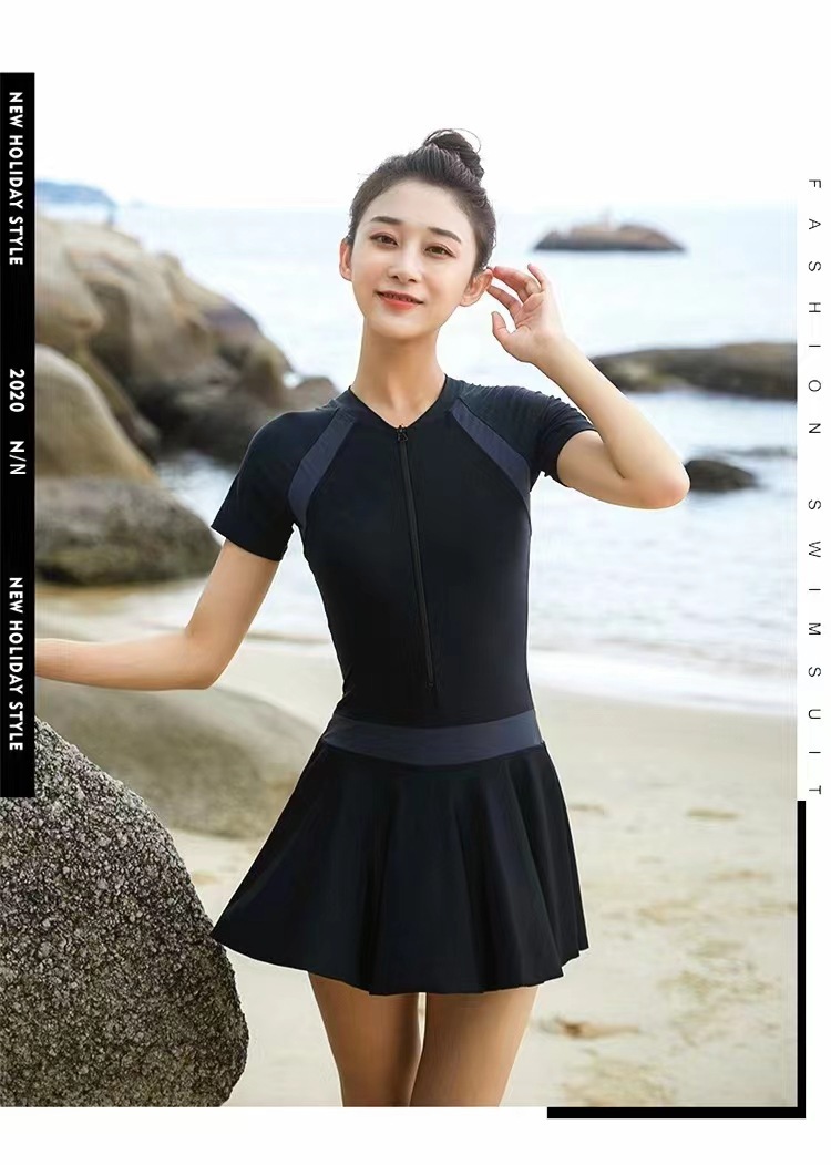 2023 New Korean Style Stitching One-Piece Swimsuit Women's Summer Outdoors Slim-Fit Slimming Gather Conservative Sexy Jumpsuit