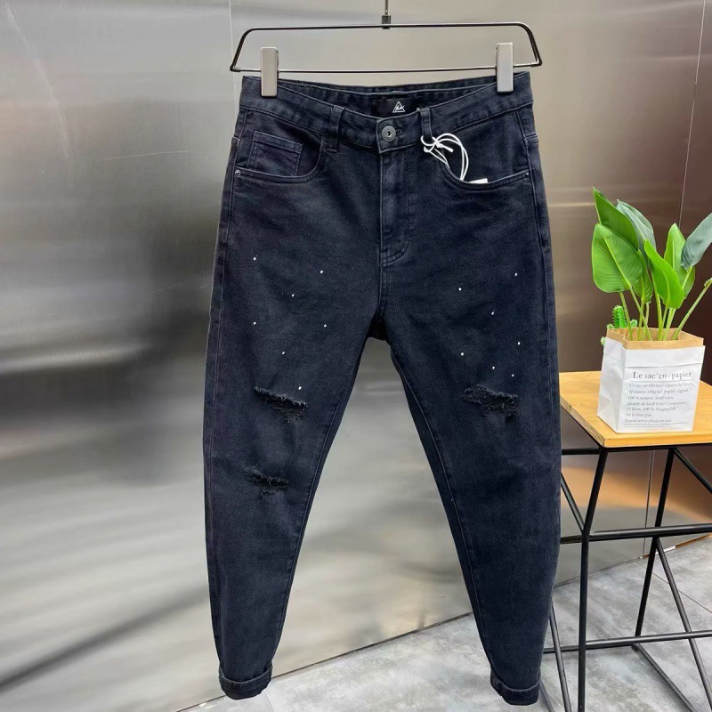 新款高端黑油漆破洞小脚裤男韩版刮烂宽松型潮牌修身棉裤-阿里巴巴