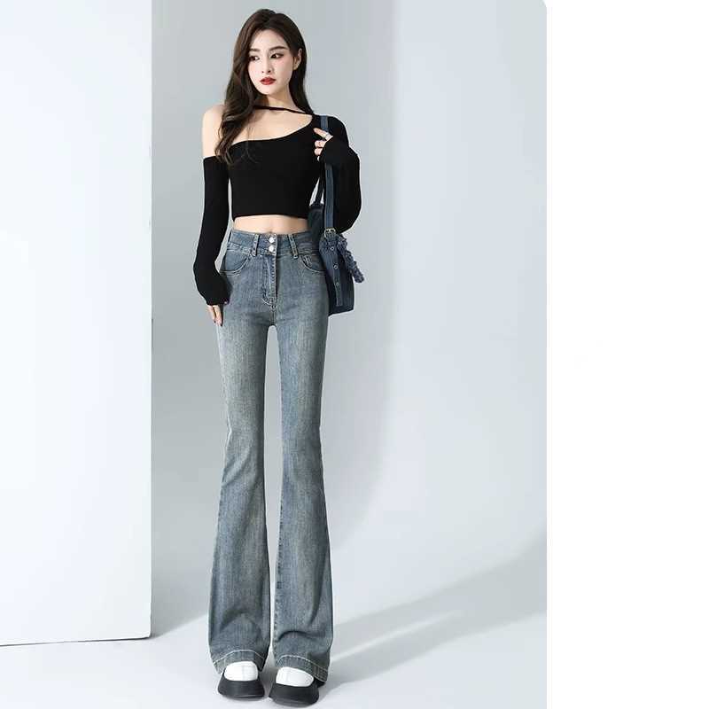 Retro Skinny Jeans Women's Hot Girl Spring and Autumn Double Buckle High Waist Slim Fit Straight Wide Leg Horseshoe Horn Long Pants