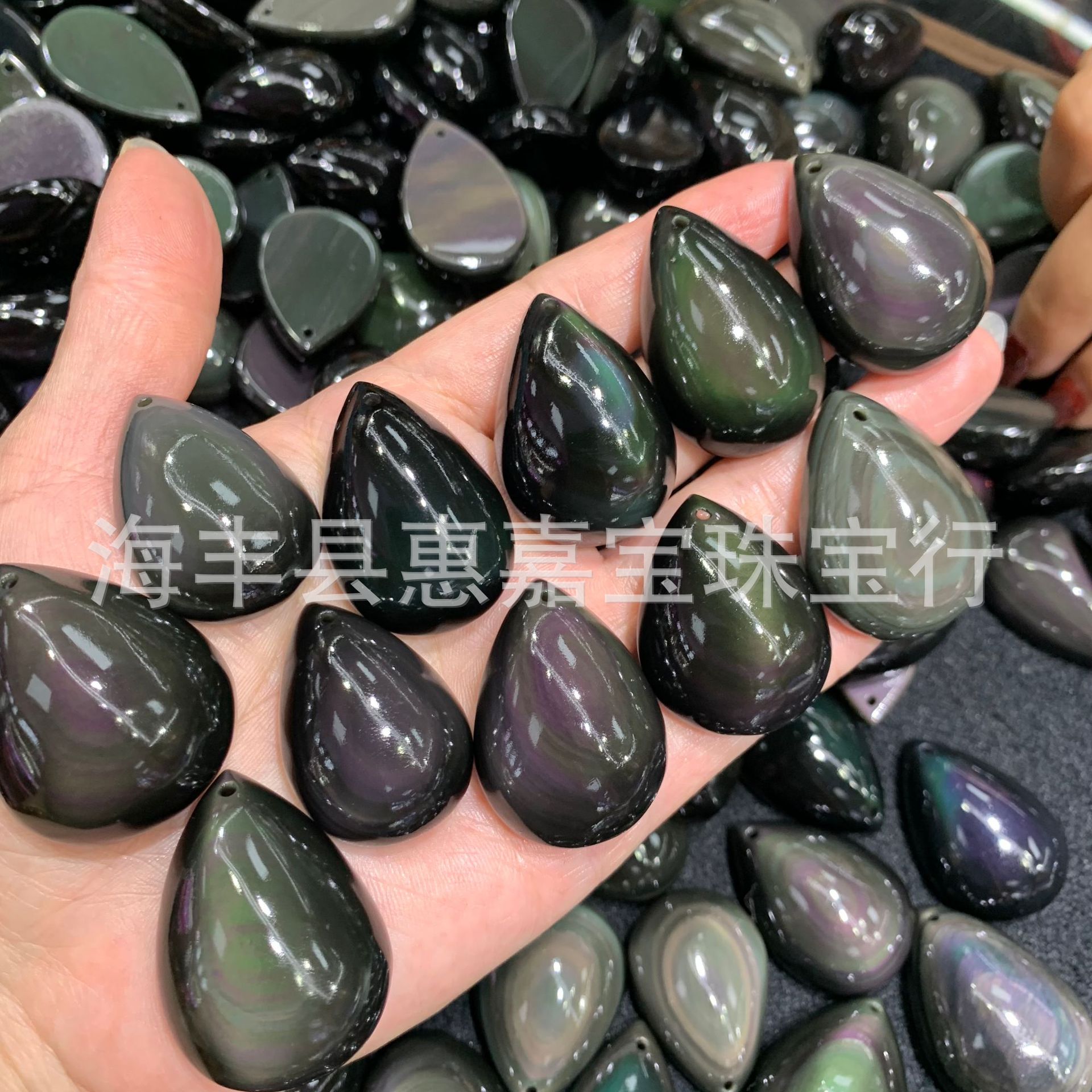 天然彩曜石水滴形吊坠 黑曜石水滴平底面吊坠 彩虹眼项坠饰品批发