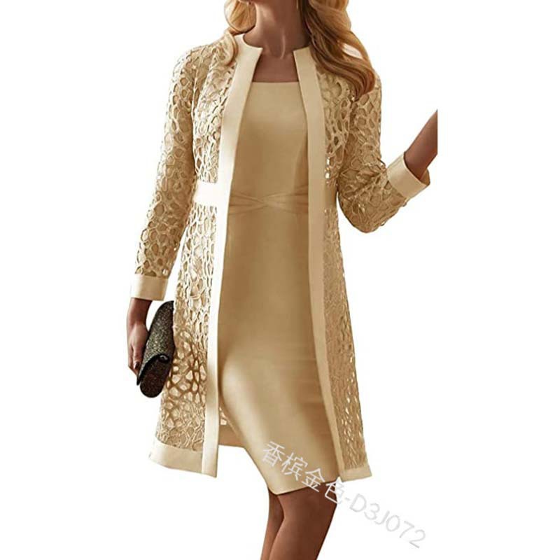 2023 in Stock New Women's Clothing Color Lace Cardigan Dress Two-Piece Coat Amazon Wish Foreign Trade