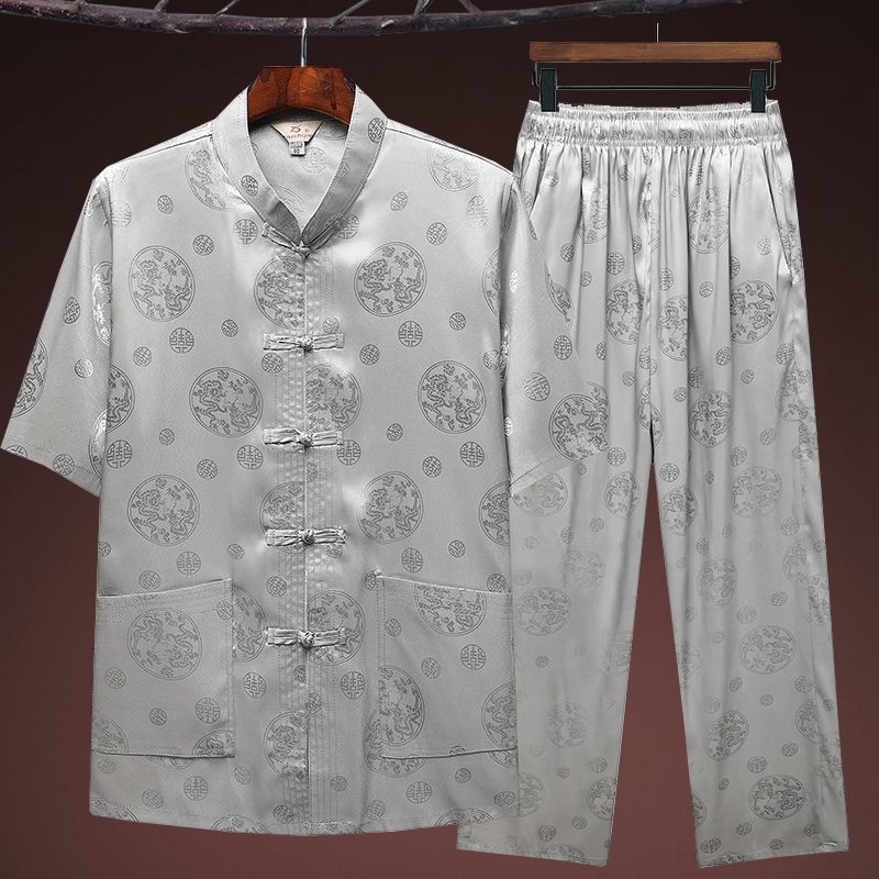 Ice Silk Tang Suit Men's Middle-Aged and Elderly Short-Sleeved Shirt Silk Chinese Style Dad Casual Large Size Grandpa Summer Clothing Hanfu