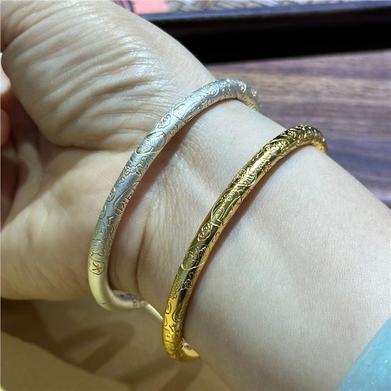 乾龙足银9999银鎏金手镯古法吉言纯银镯子民族风开口描金手镯女