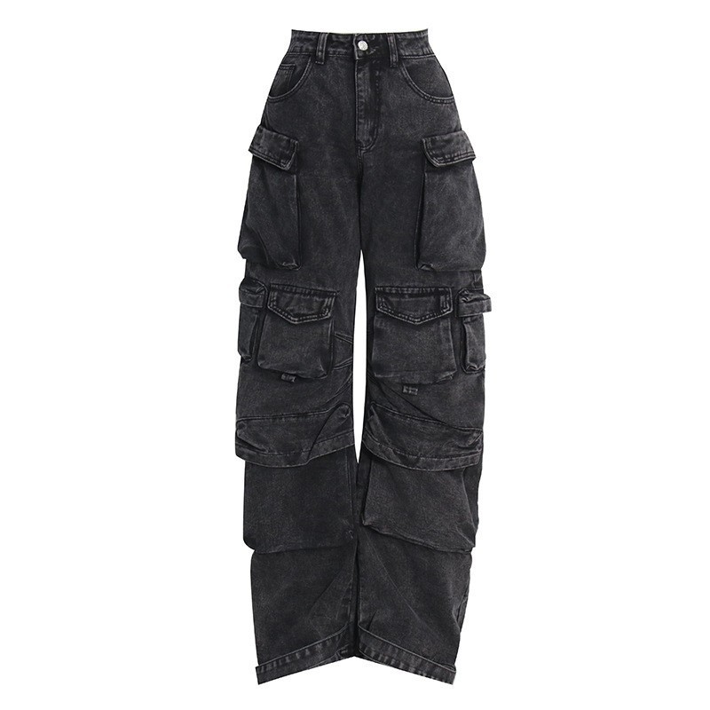 Street Hipster New Fashion Smoky Gray Stitching Multi-Pocket Cargo Pants Street Washed and Worn Long Wide-Leg Pants Women Clothes