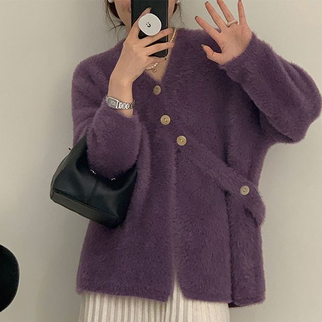 斜扣水貂绒毛衣开衫外套女中长款秋冬新款V领不规则针织衫上衣厚