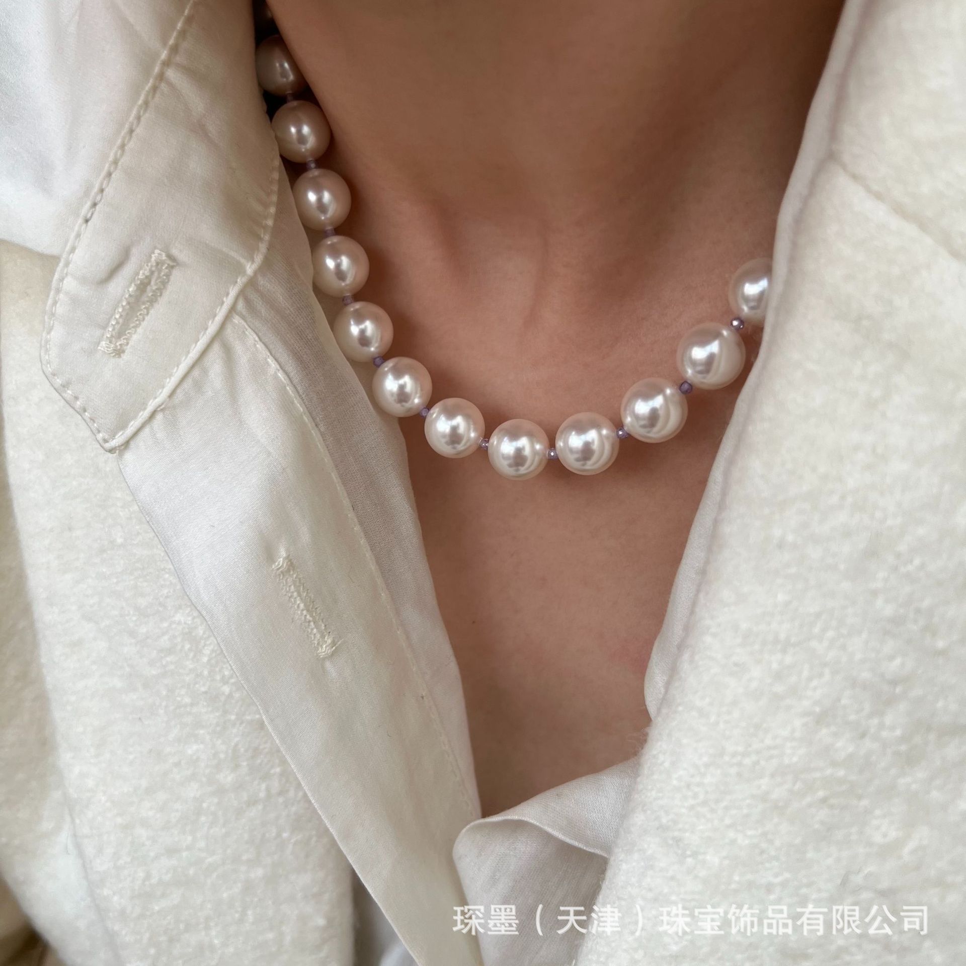 琛墨/时尚大颗天然紫水晶搭配施家水晶珍珠大珍珠chocker锁骨链女