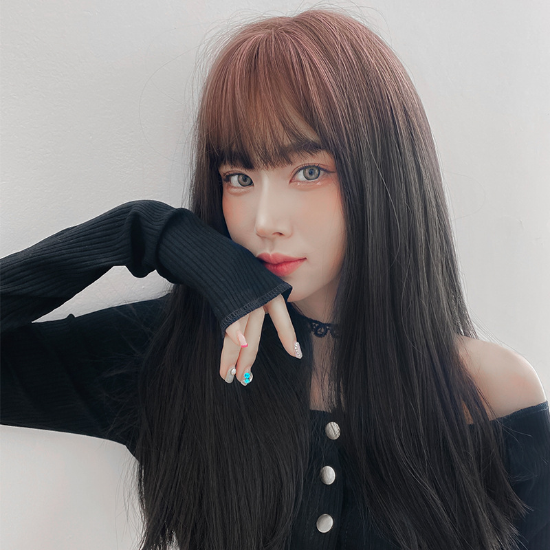 假发女长发渐变粉长直发自然黑整顶头套自然空气刘海全头套批发