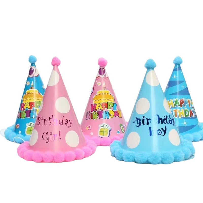 Birthday Hat Children's Baby Full-Year Party Decoration Scene Layout Hat Tip Corner Fluffy Ball Cap