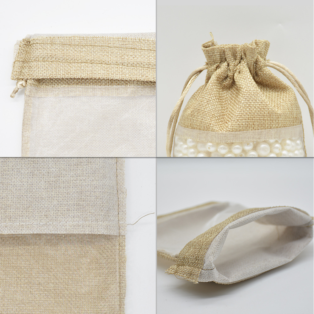 束口麻布袋套装创意开窗拼接网纱麻布袋首饰化妆品收纳袋仿麻布袋