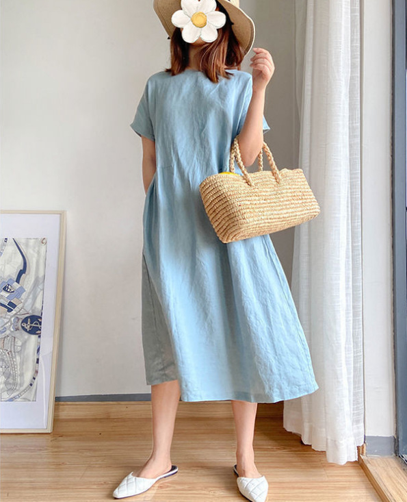 Simple Art-Style Loose Slimming Dress for Women Summer 2021 New Large Size Mid-Length Dress for Plump Girls 100.00kg