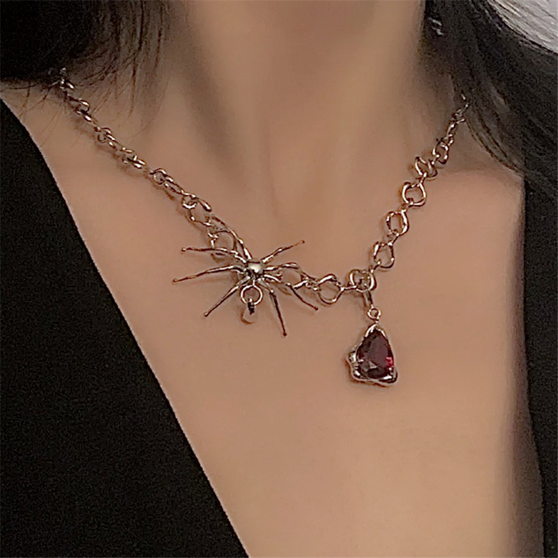欧美小众设计感蜘蛛红宝石吊坠项链毛衣链网红简约粗链条锁骨链女
