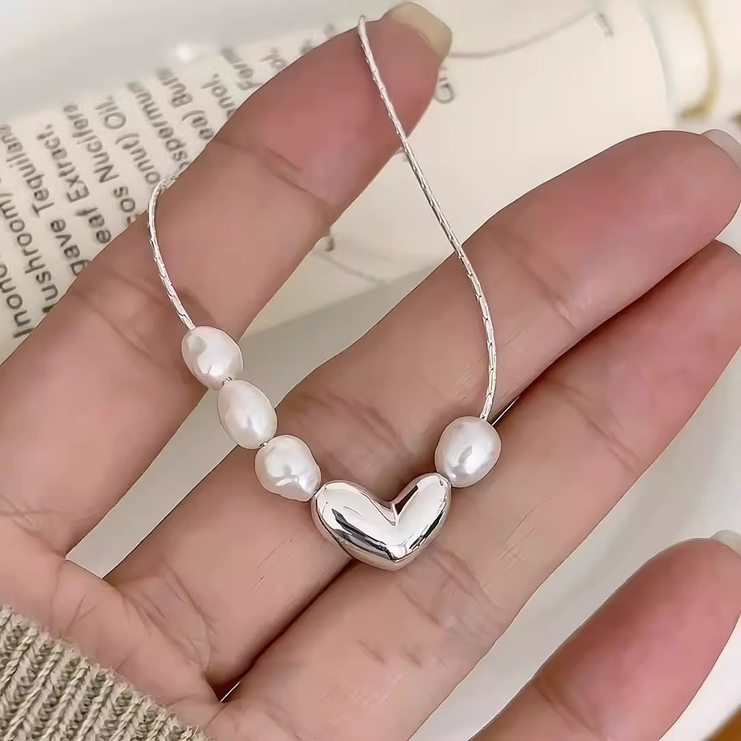 Women's Korean-Style S925 Loving Heart in Sterling Silver Lentil Pearl Necklace Affordable Luxury Fashion Twin Versatile High-Grade Clavicle Chain Fashion