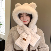 小熊帽子围巾一体女冬季雷锋帽子女冬款加绒保暖护耳防寒帽潮