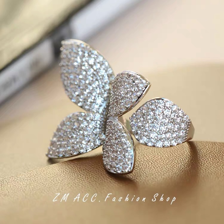 European and American Special-Interest Design New Flower Leaves Full Diamond Ring Open Index Finger Ring Shank Graceful Personality Trendy Women Exaggerated