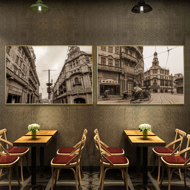 老上海建筑装饰画复古怀旧民国老照片饭店餐厅火锅店咖啡厅墙壁画
