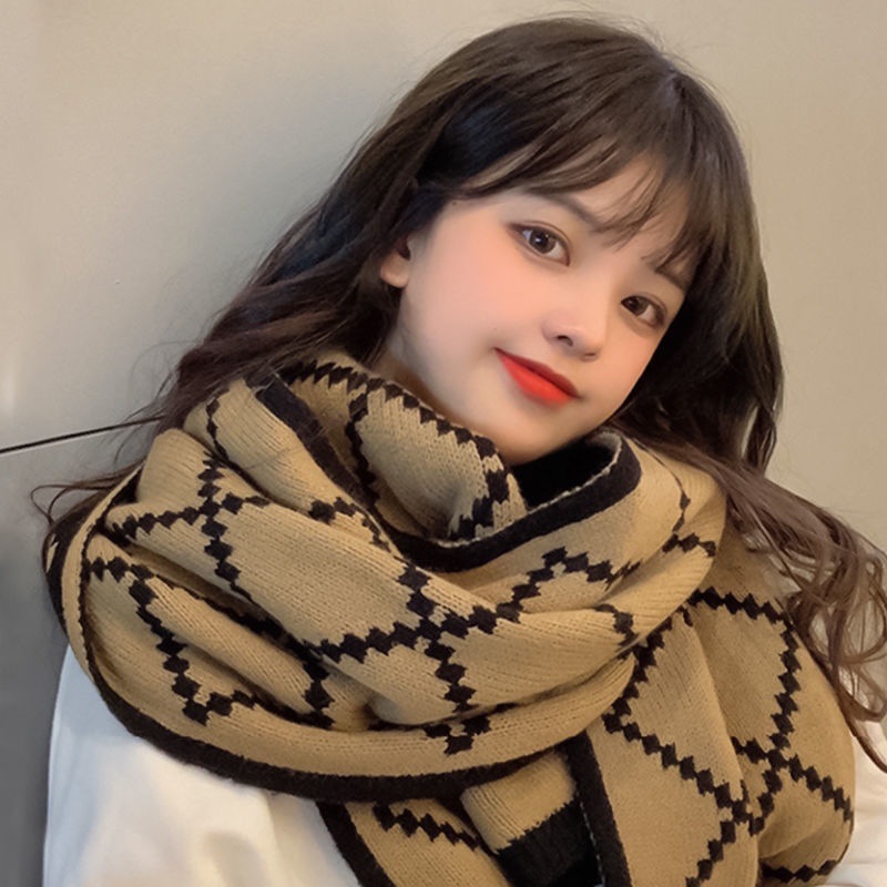 New Scarf Women's Autumn and Winter Diamond Plaid Double-Sided Thermal Couple Scarf Knitted Thickened Student Dual Purpose Shawl Fashion