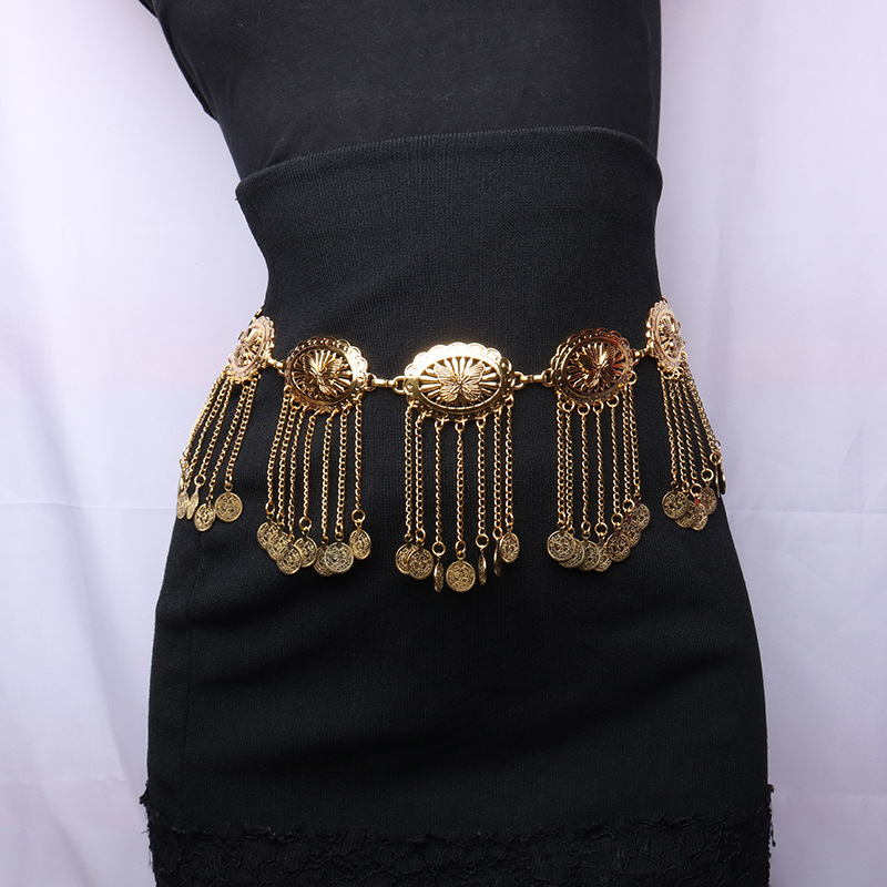 时尚复古型腰链女连衣裙装饰链条波西米亚合金钱币流苏身体链