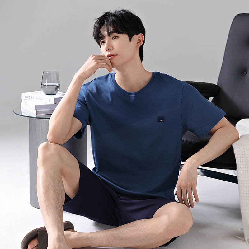 Men's Pajamas Spring and Summer New Pure Cotton Thin round Neck Short Sleeve Shorts Suit Youth Loose Casual Home Wear