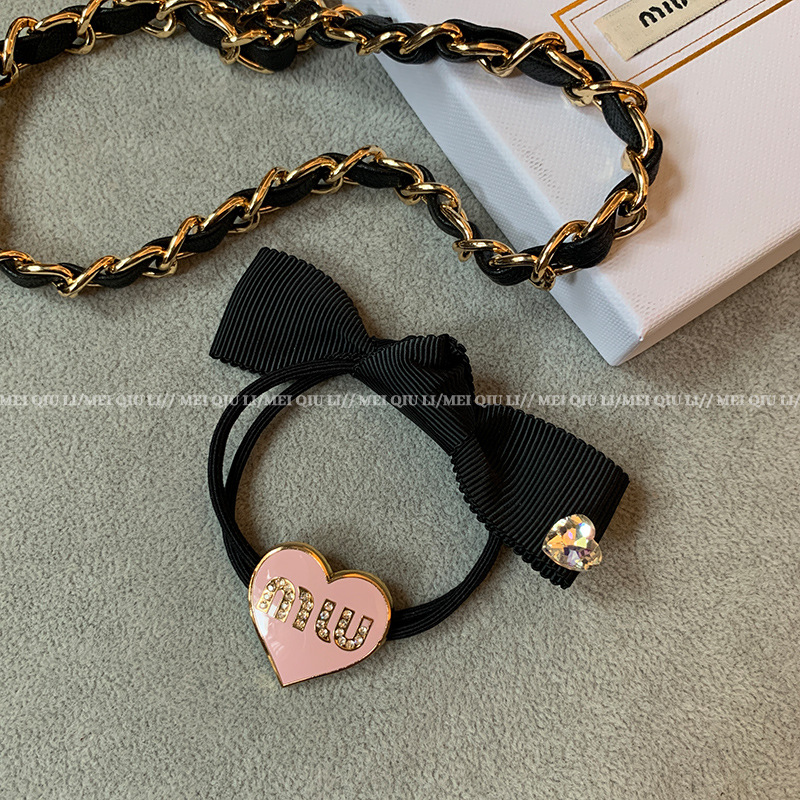 Internet Hot New Simple Love Letter Bow Hair Rope Korean Style All-Matching Graceful Rhinestone Heafrope Hair Band