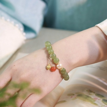 抖音爆款天然和田玉手链晴水搭配南红珍珠莲花款设计感手串