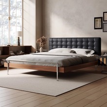 现代简约真皮床轻奢主卧泡芙床黑色意式极简实木床卧室佛山家具