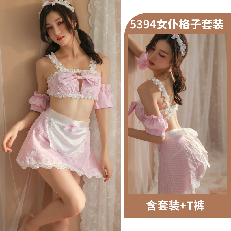 Adult Supplies New Sexy Lingerie Sexy Cutout Dew Bow Plaid Cute Maid Uniform Suit