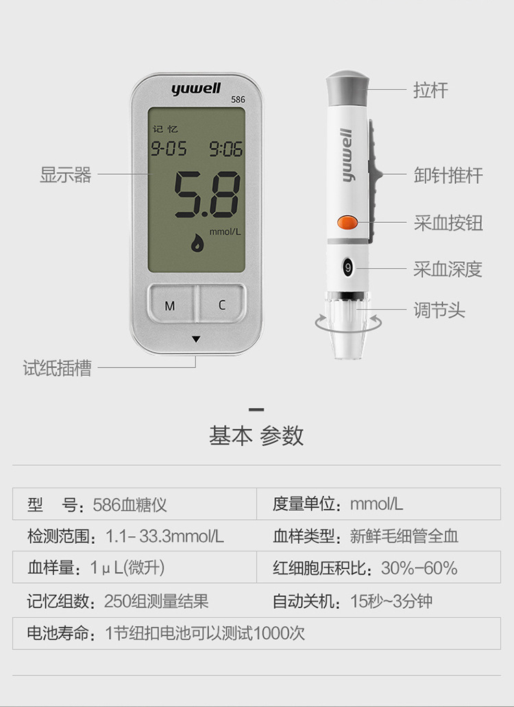 鱼跃596血糖测试仪家用586血糖试纸全自动准确免调码测血糖的仪器
