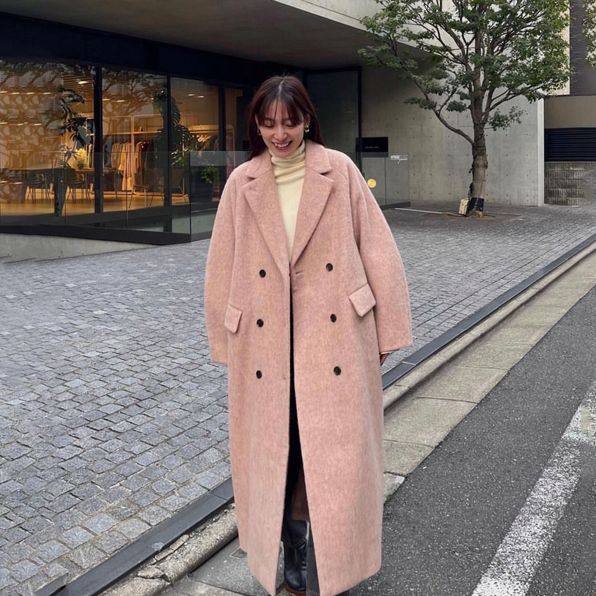 超奶脏脏粉日系羊毛大衣宽松阔版秋冬保暖毛呢外套-阿里巴巴