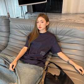 星空蓝2025春夏款星空深蓝色发泡宽松字母短袖t恤半袖上衣打底衫